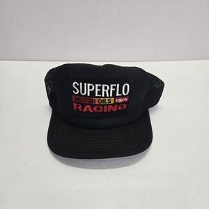 Vintage Superflo Motor‎ Oil Racing Trucker Hat Snapback Mesh Cap Exxon Black